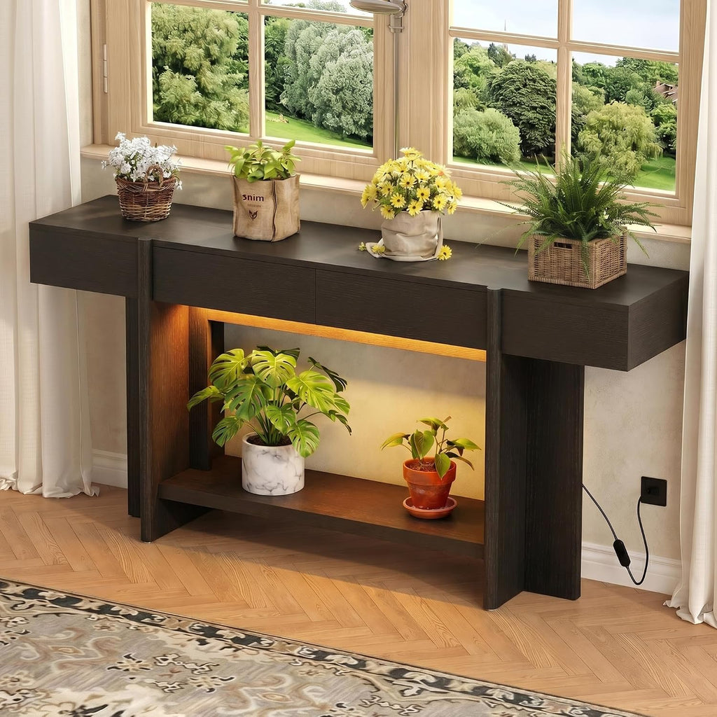 iPormis 70.8" Long Console Table with 2 Drawers and Open Storage, Modern Entryway Table with Colorful LED Lights, Narrow Sofa Table for Living Room, Hallway, Entrance, Behind Couch, Black