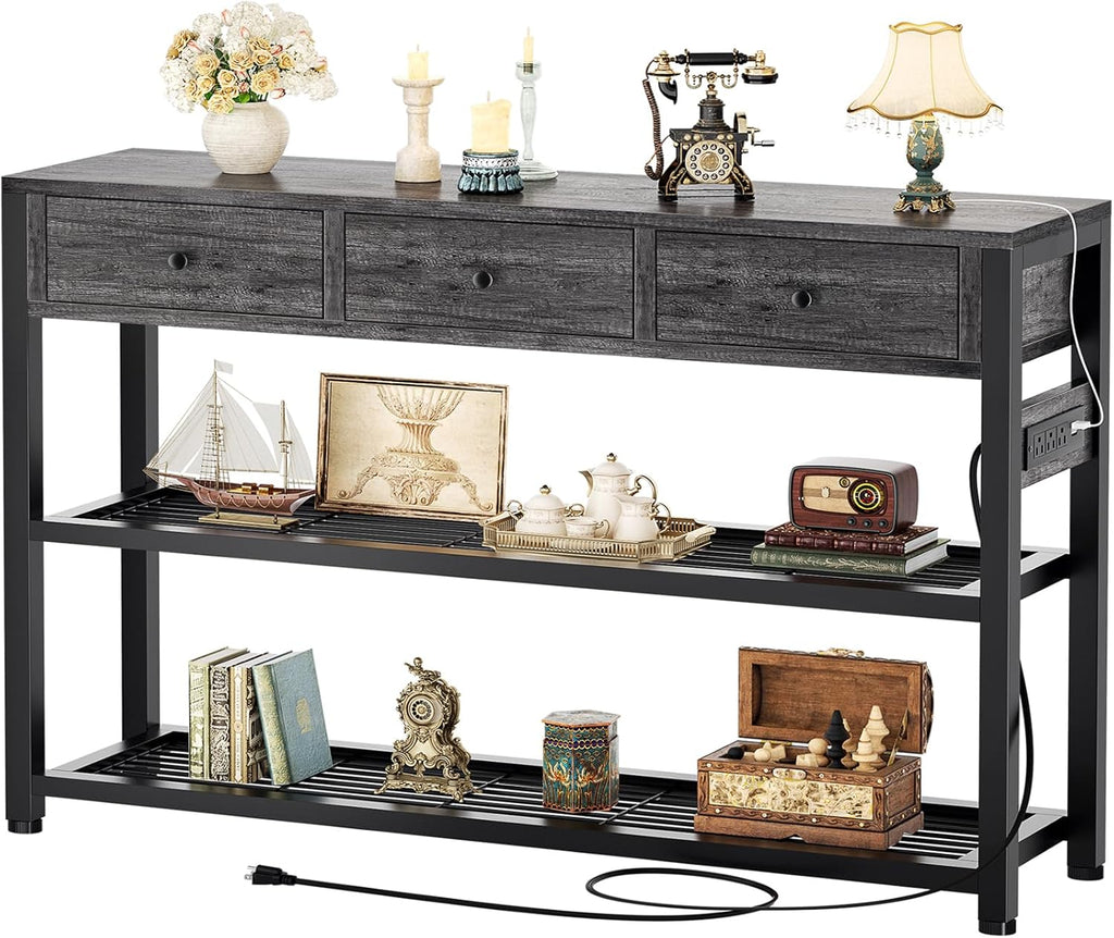 Ecoprsio 47'' Entryway Table with Outlets and USB Ports, Console Table with 3 Drawers, Sofa Table Narrow Long with Storage Shelves for Living Room, Couch, Hallway, Foyer, Kitchen Counter, Grey