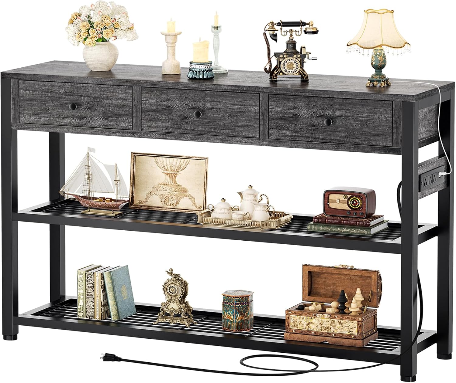 Ecoprsio 47'' Entryway Table with Outlets and USB Ports, Console Table with 3 Drawers, Sofa Table Narrow Long with Storage Shelves for Living Room, Couch, Hallway, Foyer, Kitchen Counter, Grey