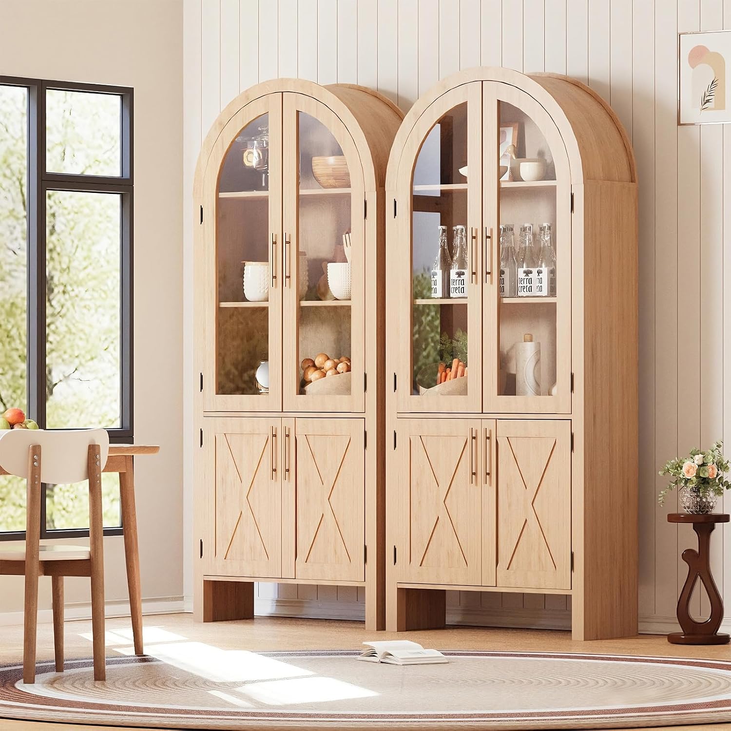 Jojoka Arched Pantry Cabinet, 60" Tall Farmhouse Kitchen Storage Cabinet with Glass Doors & X-Design, Tall Narrow Accent Cabinet with 4 Doors, Wood Display Cabinet for Dining Room, Living Room, Entry