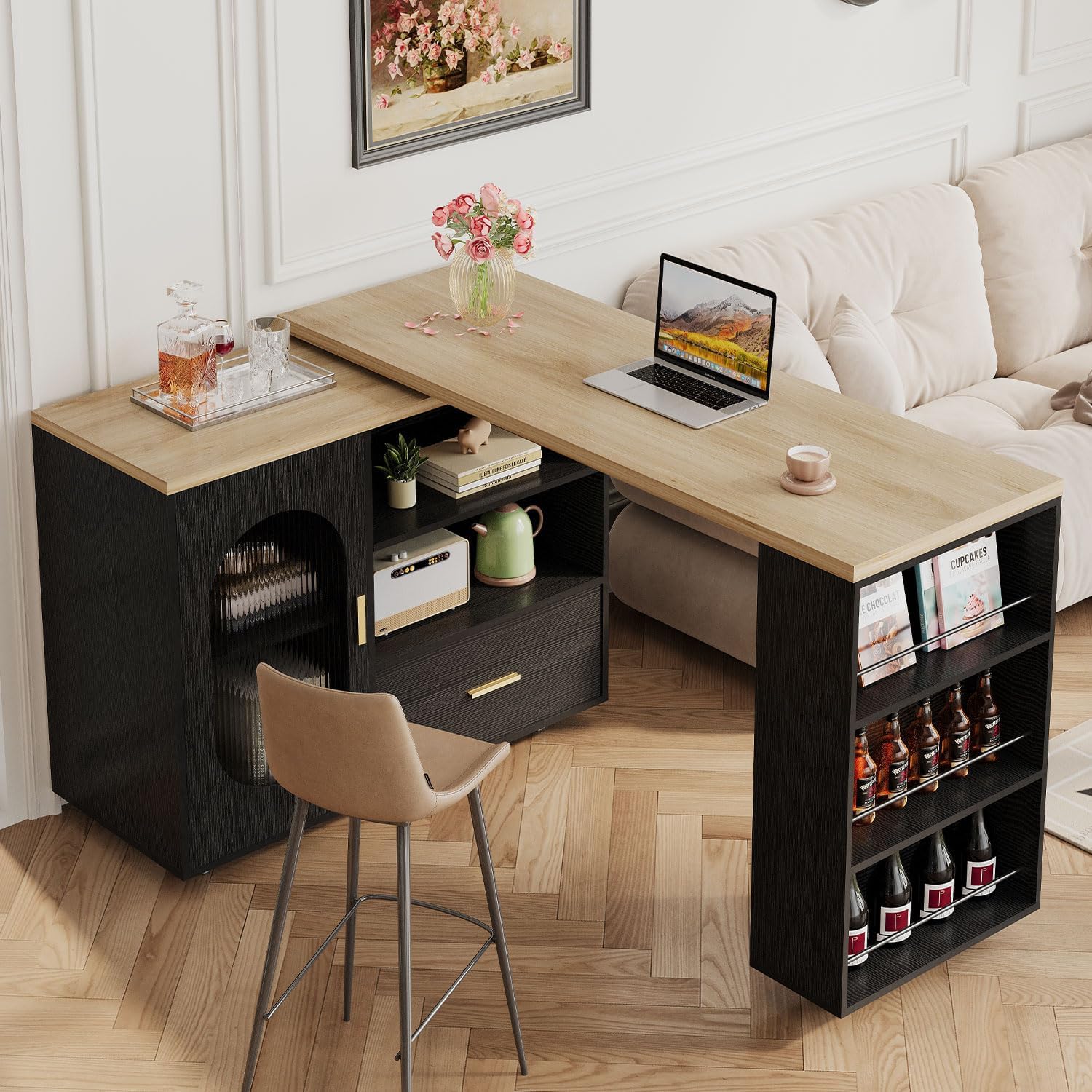 HSH 72" Rolling Kitchen Island with Seating, 360° Swivel Table, Kitchen Island with Storage Cabinet, Drawer & Shelves, Farmhouse Mobile Island Cart on Wheels for Dining Room & Home Bar, Black Oak