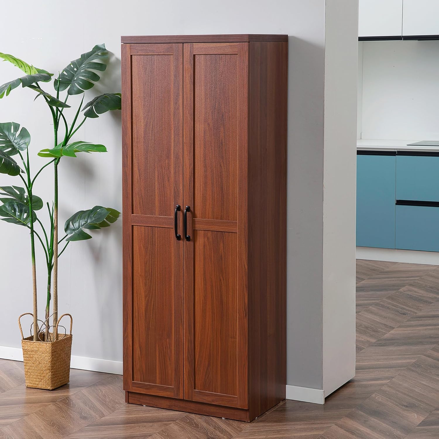 63" 2-Door Kitchen Pantry, Freestanding Storage Cabinet with 5-Tier Shelving and 2 Adjustable Shelves for Dining Room, Brown,15.8 * 23.5 * 63