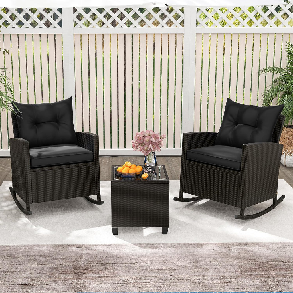 Tangkula 3 Piece Wicker Rocking Set, Patio Rattan Roker Chairs with Tempered Glass Table & Soft Cushions, Outdoor Furniture Set for Backyard, Poolside Porch
