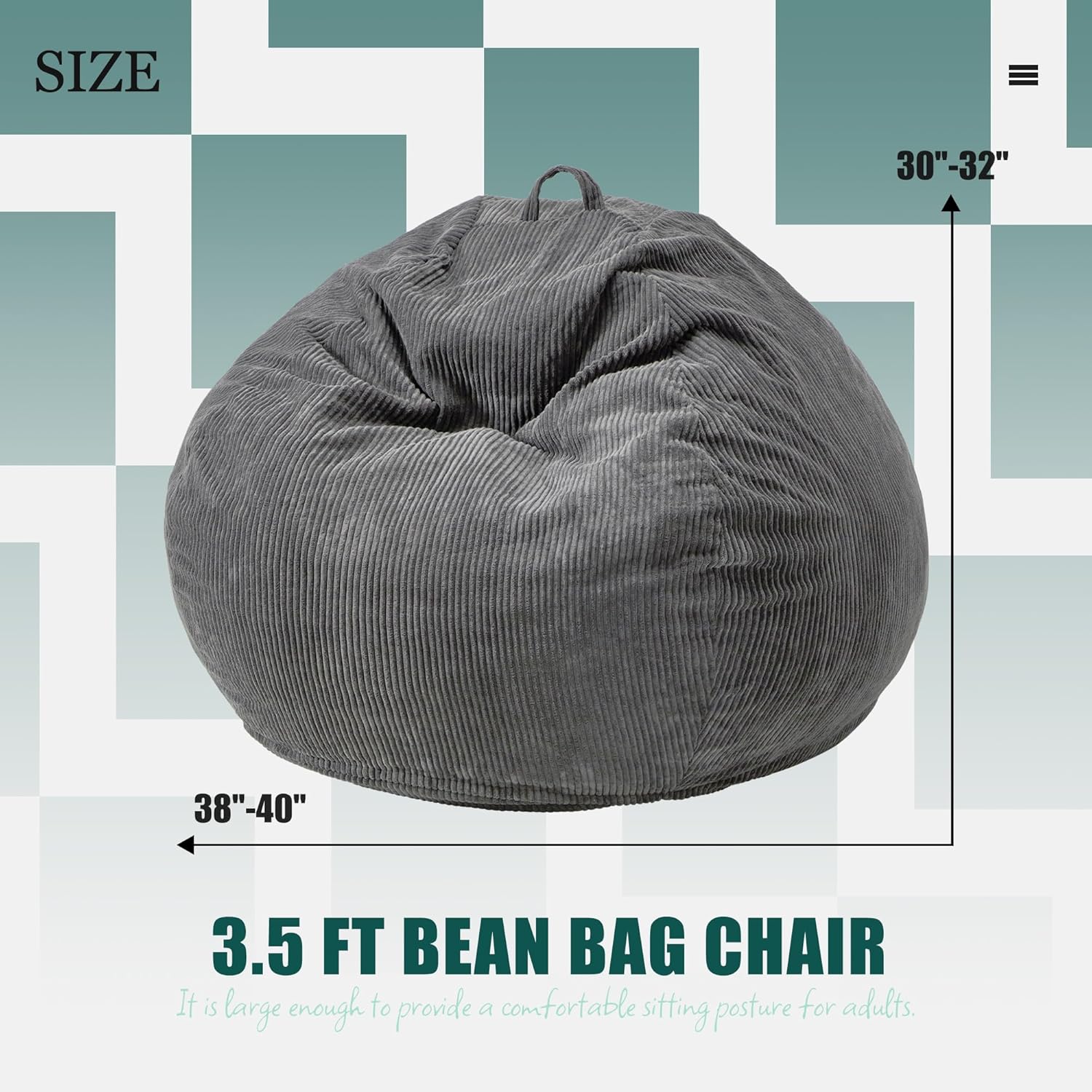 Hobestluk 3.5FT Bean Bag Chair Large Bean Bag with Filler Included Bean Bag Chairs for Adults Teardrop Bean Bag Chair with Removable Cover for Bedroom Living Room - (Large, Grey)