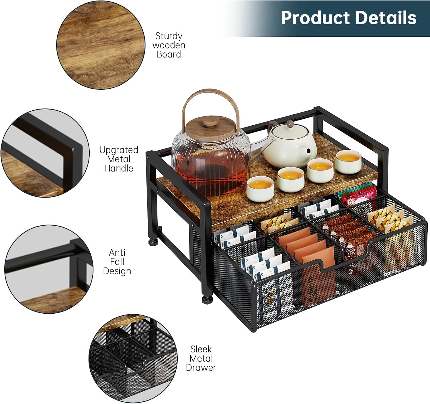 Tea Bag Organizer with 8-Compartment Mesh Drawer, Rustic Brown | Wood & Metal Holder, Spacious Storage Capacity, Smoothly Sliding Drawers, Divided Compartment Storage, Multi-Scene Use