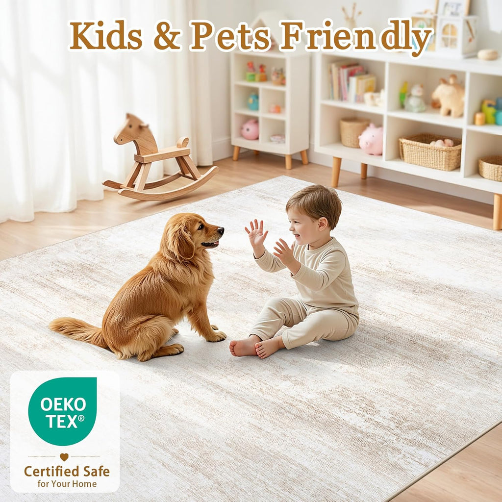 Tosuoka 6x9 Area Rugs for Living Room Bedroom, Beige Rug Washable Abstract Soft Modern Rugs Neutral Rug Non-Slip Low Pile Indoor Carpet for Nursery Dining Room Home Office