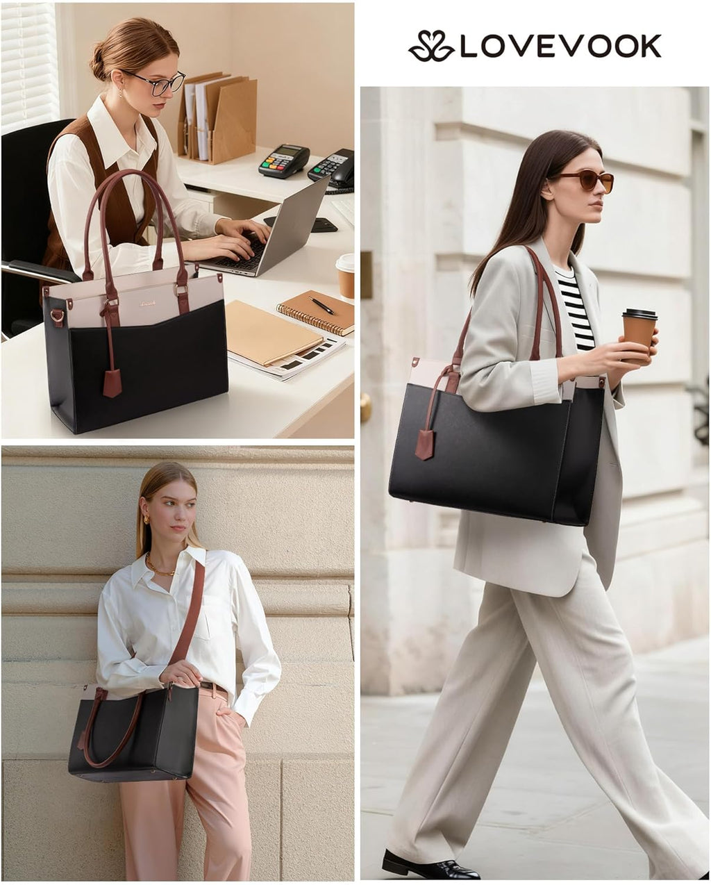 LOVEVOOK Laptop Lunch Bag for Women 15.6 Inch, Waterproof Tote Purse with Cup Holder & Elegant Clutch