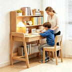 Kids Desk Wooden Childrens Study Desk with Bookshelf＆Two Drawers, Adjustable Kids Desk for Study＆Writing＆Computer＆Workstation, Nature