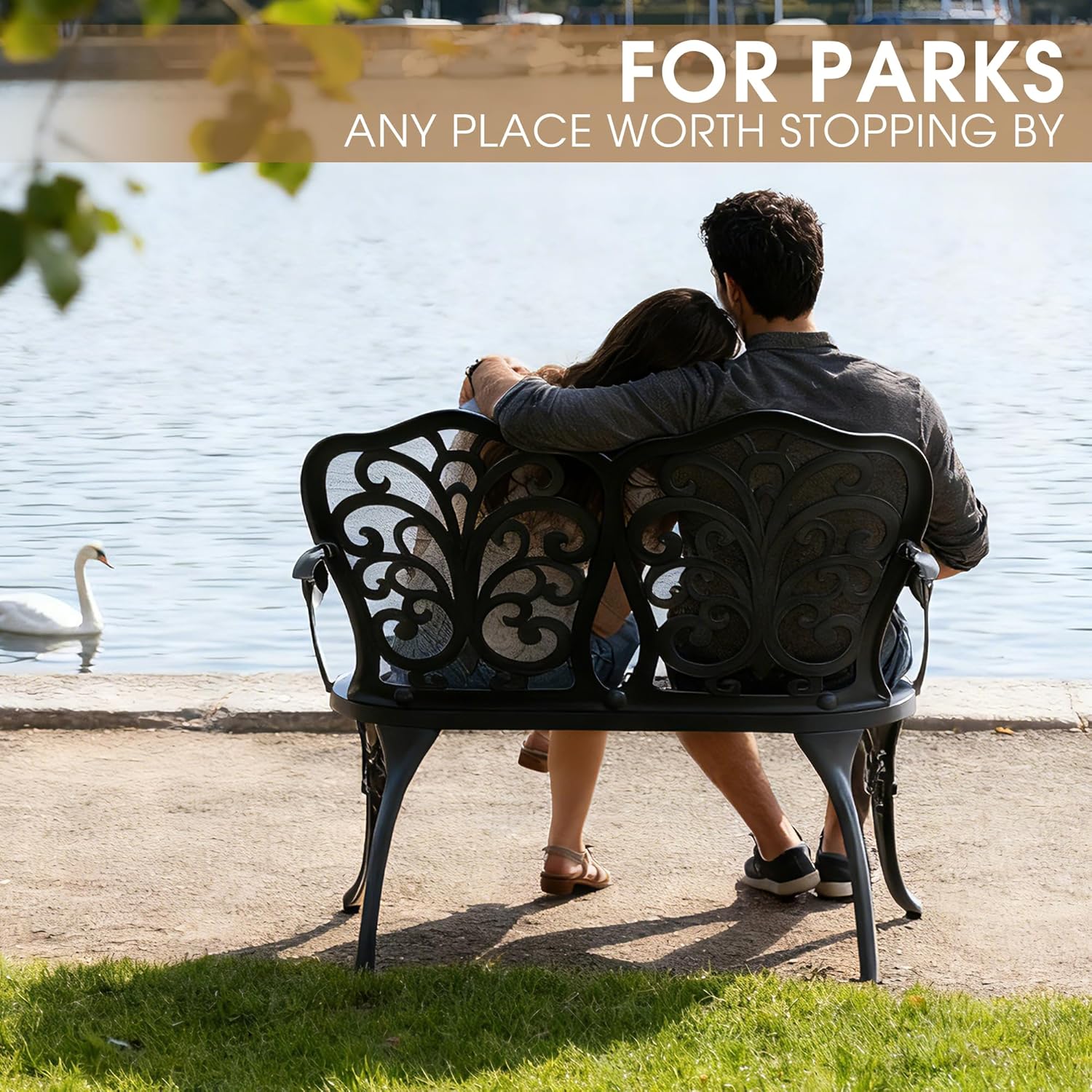 Outdoor Bench, Cast Aluminum Double Seating with Backrest and Armrests, Mental Outdoor Furniture for Patio, Porch, Garden, Park, Black Butterfly