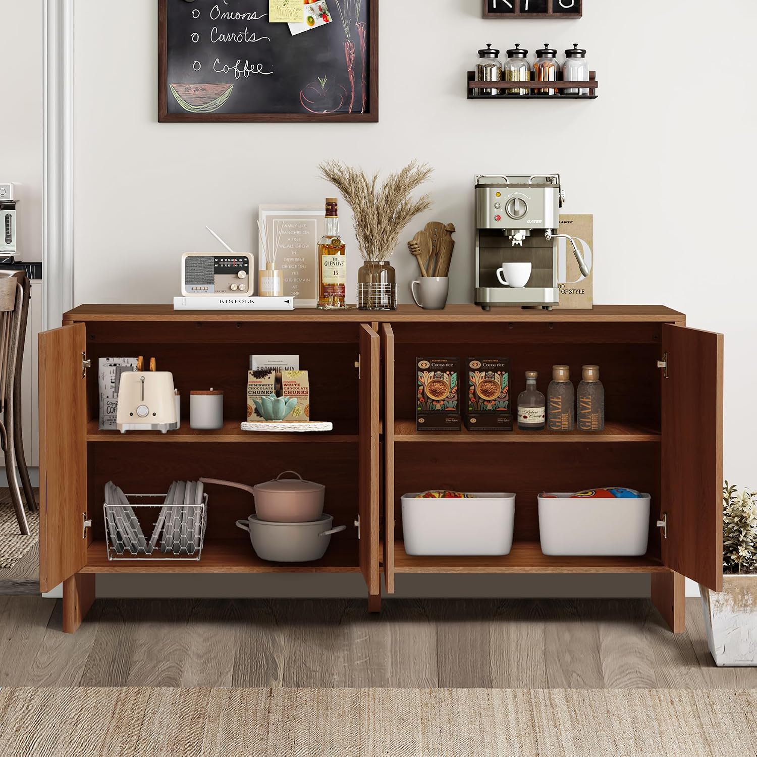 Walnut Sideboard Cabinet, Mid Century Farmhouse Fluted Credenza Sideboard Long Buffet Cabinet with Storage for Kitchen, Dining Room Coffee Buffet, Office, Living Room TV, Entryway, Hallway - 4 Doors