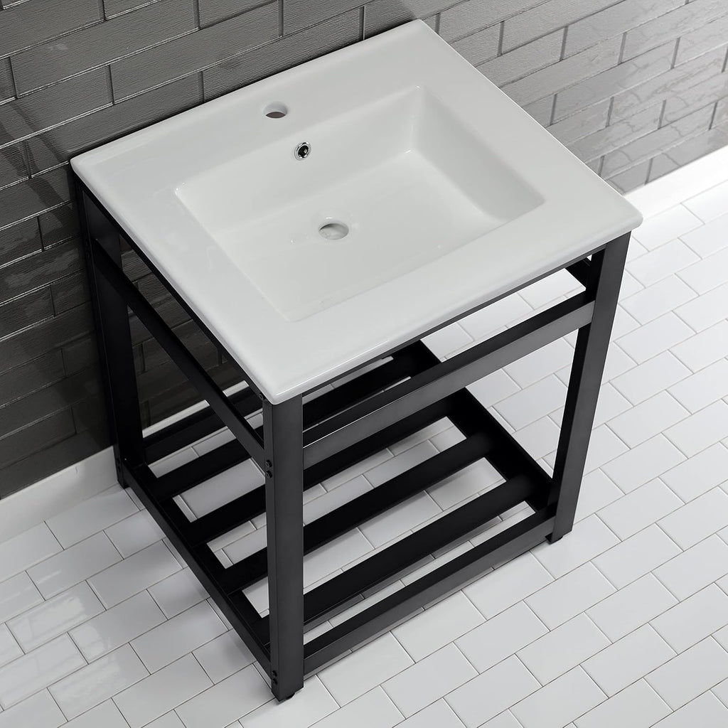 Kingston Brass VWP2522A0 Quadras 25-Inch Ceramic Console Sink (1-Hole), White/Matte Black