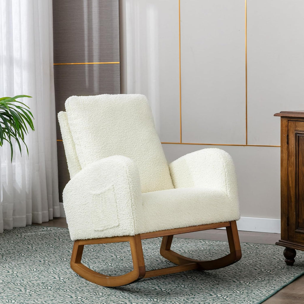 Modern Rocking Chair, Oversized Glider Recliner with High Backrest & Side Pocket, Upholstered Nursery Accent Chair for Living Room, Bedroom, Nursery, Solid Wood Legs (White Teddy)