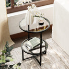 Cozy Castle End Tables Set of 2 for Living Room, Round Tempered Glass Side Tables with 2-Tier Storage Shelf, Modern Metal End Table for Couch, Bedroom, Apartment, Black