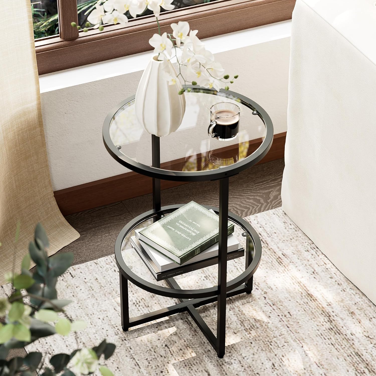 Cozy Castle End Tables Set of 2 for Living Room, Round Tempered Glass Side Tables with 2-Tier Storage Shelf, Modern Metal End Table for Couch, Bedroom, Apartment, Black