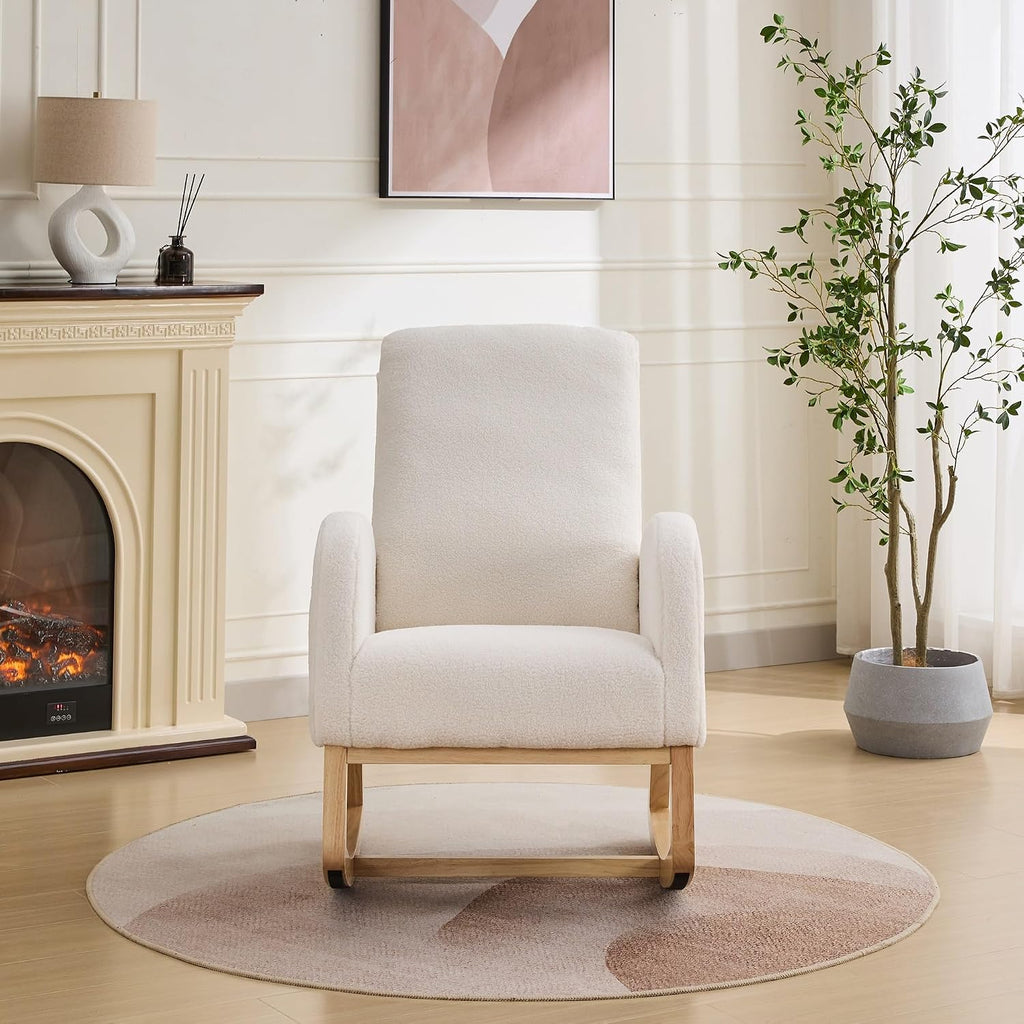 27.2" W Sherpa Glider Chair for Nursery – High Back Rocking Accent Armchair with Side Pockets & Rubber Wood Legs – Ivory Comfort Chair for Living Room, Bedroom
