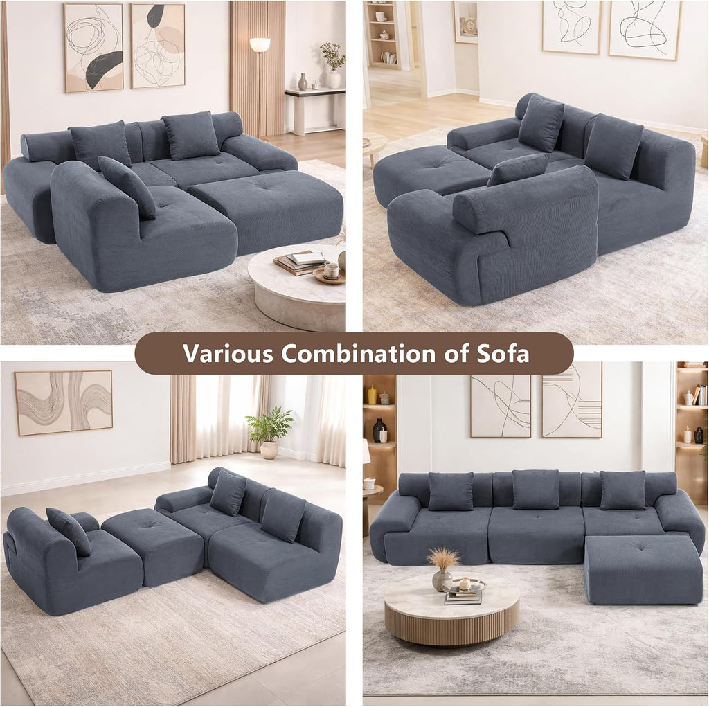L-Shaped Boneless Modular Sectional Sofa, Boneless Sectional Couch, Oversized 3-Seater Cloud Couch with Deep Seat and Movable Ottoman for Living Room, Apartment (Gray, 3 Seater with 2 Ottoman)