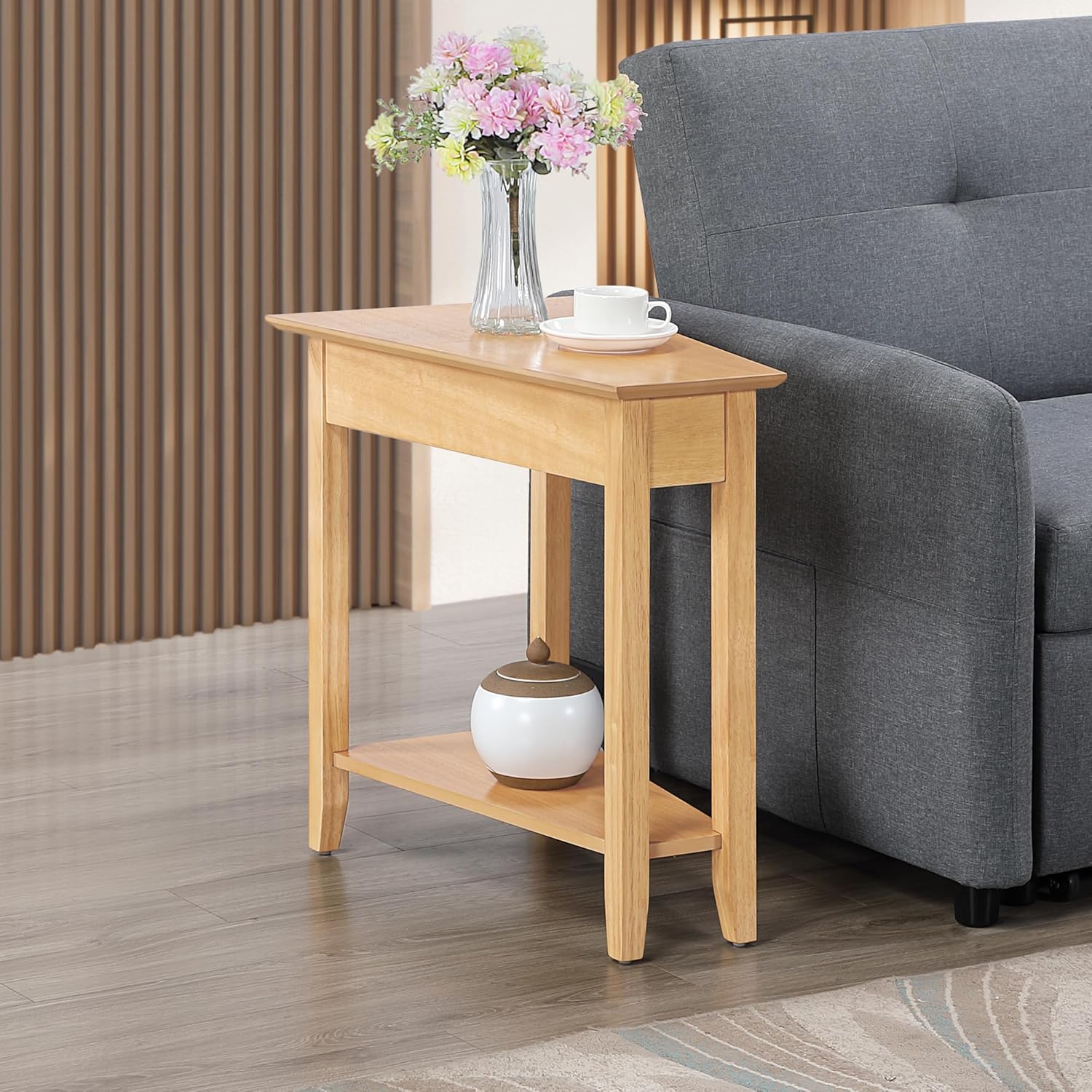 Convenience Concepts American Heritage Wedge End Table 24" - Classic Narrow Chairside Accent with Storage Shelf for Transitional Living Room, Ideal for Corners or in Between Chairs, Honey Oat