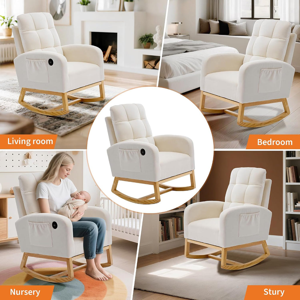 IDEALHOUSE Nursery Rocking Recliner Chair with USB Ports, Upholstered Glider Chair Featuring High Back, Side Pocket & Sturdy Wood Legs for Bedroom, Living Room, or Nursing Room – Linen Beige