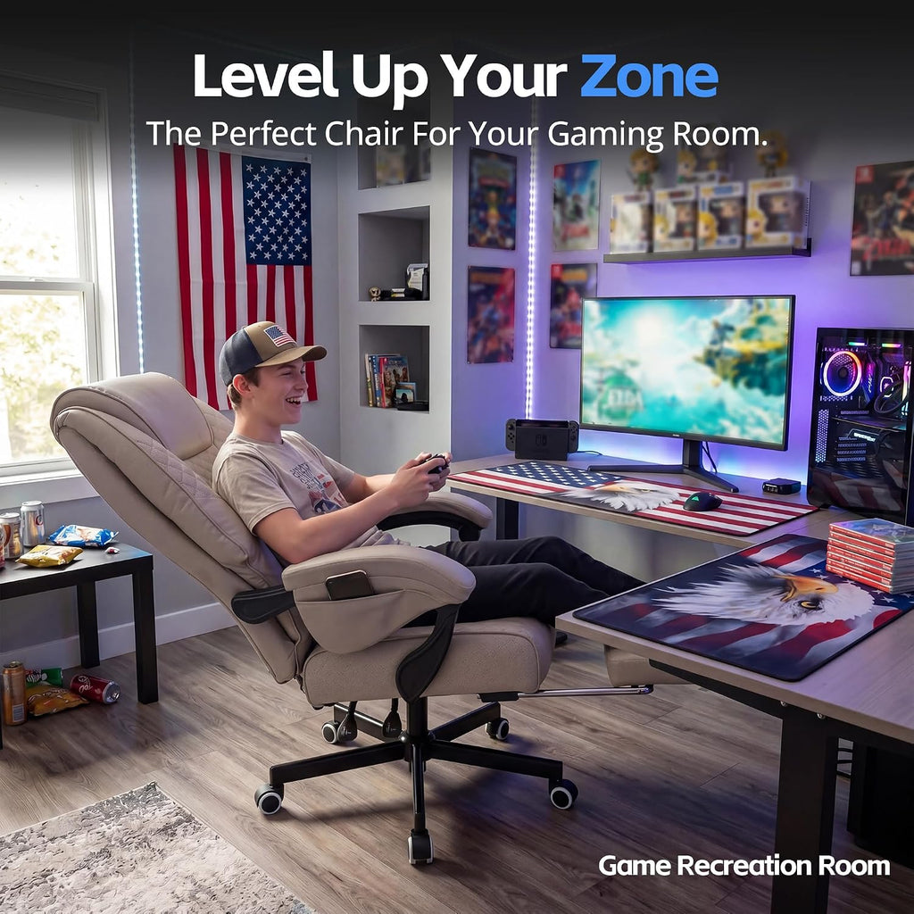 Ergonomic Gaming Office Chair for Adults, Big and Tall Heavy Duty Computer Desk Chair, High Back Video Game Chair with Footrest, Comfortable Leather Home Wide Gamer Chair with Lumbar Support (Beige)