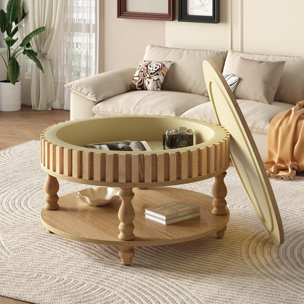TesNus 31.5'' Round Coffee Table with Storage, Modern Wood Coffee Table for Living Room, Small Center Table with Hidden Compartment & Open Shelf, Farmhouse Boho Mid Century Coffee Tables, Natural Wood