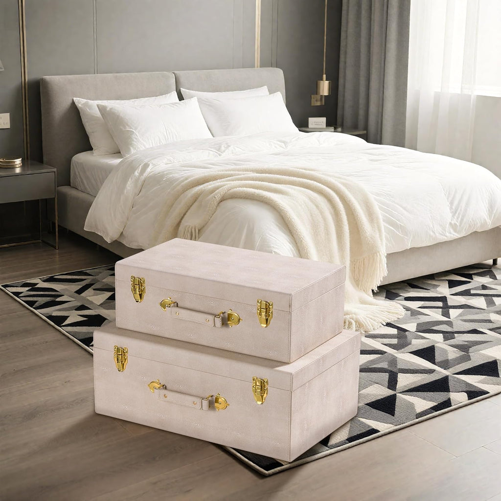 Sagala Set of 2 Large Decorative Storage Trunks, Beige Shagreen StorageTrunks And Chests with Handle, Faux Leather Large Storage Boxes for Home Organization Decor (Beige)
