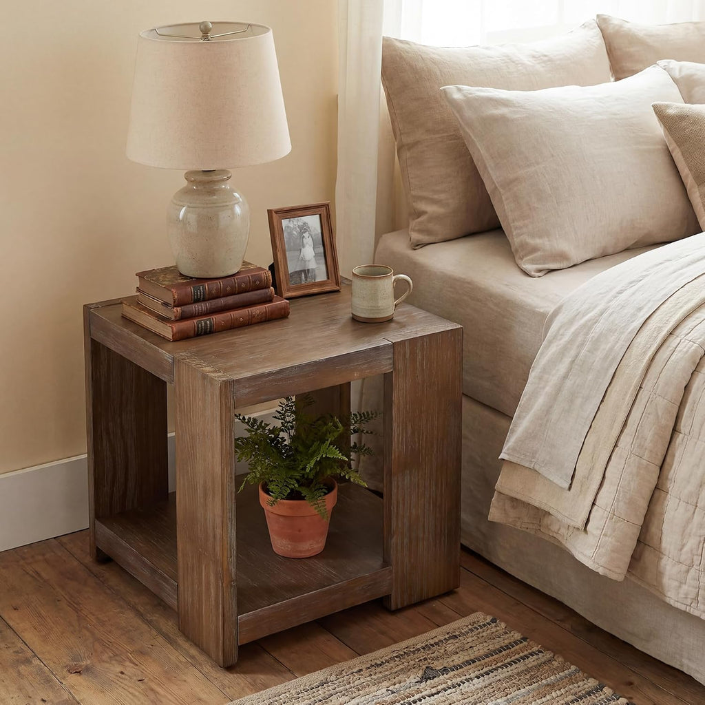 2-Tier Side Table for Living Room Set of 2, Rectangular End Table with Open Storage, Farmhouse Accent Bedside Table for Bedroom, Brown