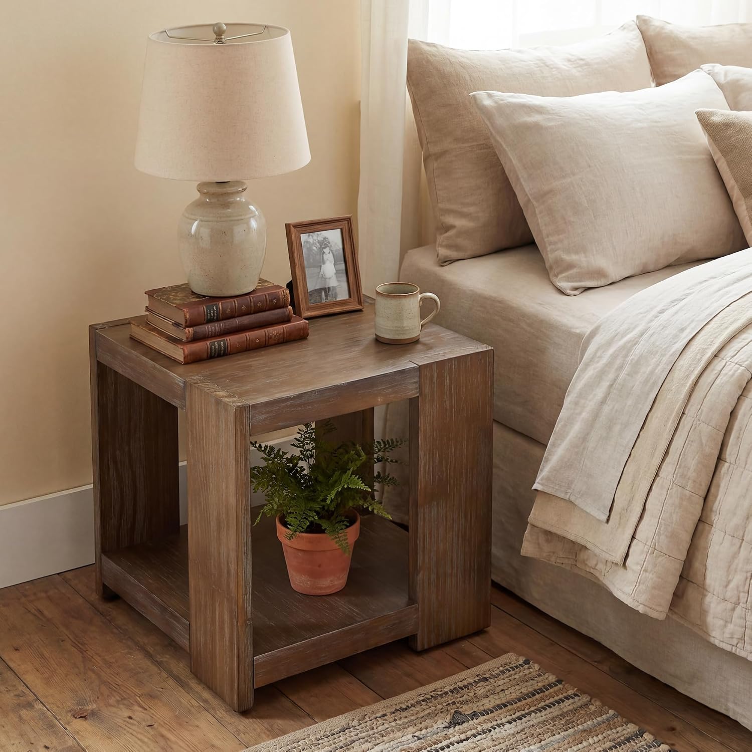 2-Tier Side Table for Living Room Set of 2, Rectangular End Table with Open Storage, Farmhouse Accent Bedside Table for Bedroom, Brown