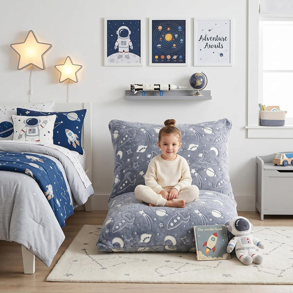 BRINJOY Kids Bean Bag Chair Bed, 3 in 1 Memory Foam Filled Bean Bag Sofa with Removable Cover for Playroom Daycare Bedroom, Toddlers Lazy Floor Mattress Lounger for Boys Girls, Spaceship
