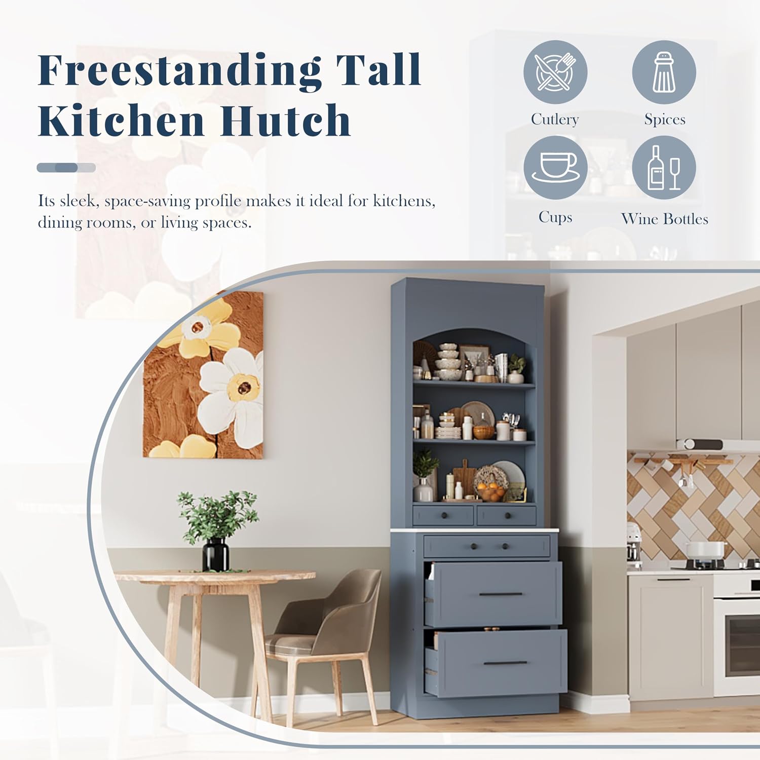 LUMISOL 83.7” Kitchen Pantry, Freestanding Tall Kitchen Hutch with Faux Marble Top, Cupboard Cabinet with 5 Drawers and Adjustable Shelf, Storage Cabinet for Kitchen Dining Room, Set of 2, Gray