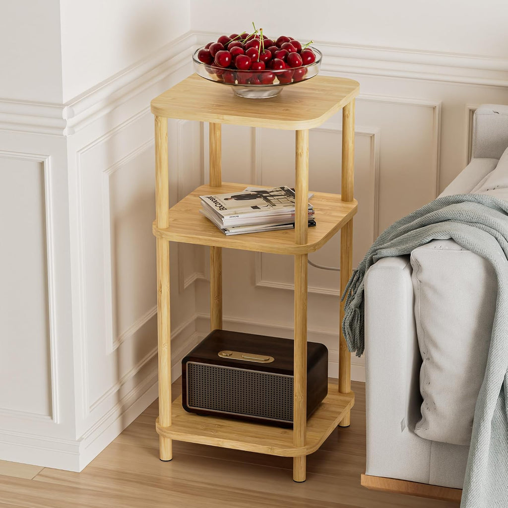 Bamboo End Table with Charging Station, Side Table for Small Space, Small Table Stand, Narrow Wooden Bedside Table Nightstand with Shelves, for Nursery, Living Room, Bedroom, Natural