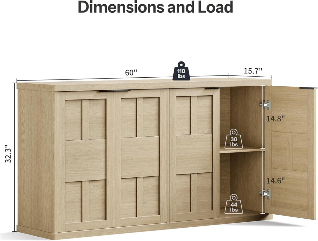 DynJest 60" Oak Buffet Cabinet Sideboard with Storage, Console Table | Large Capacity Credenza with 4 Fluted Doors & Shelves, Modern Farmhouse Buffet Cabinet for Home Office Kitchen Living Room