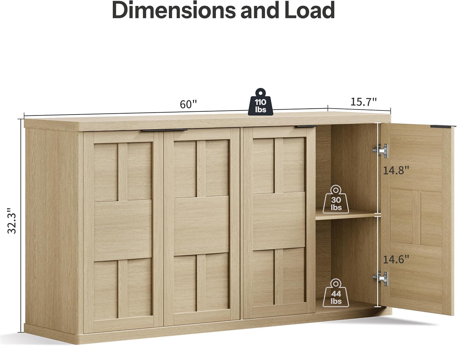 DynJest 60" Oak Buffet Cabinet Sideboard with Storage, Console Table | Large Capacity Credenza with 4 Fluted Doors & Shelves, Modern Farmhouse Buffet Cabinet for Home Office Kitchen Living Room