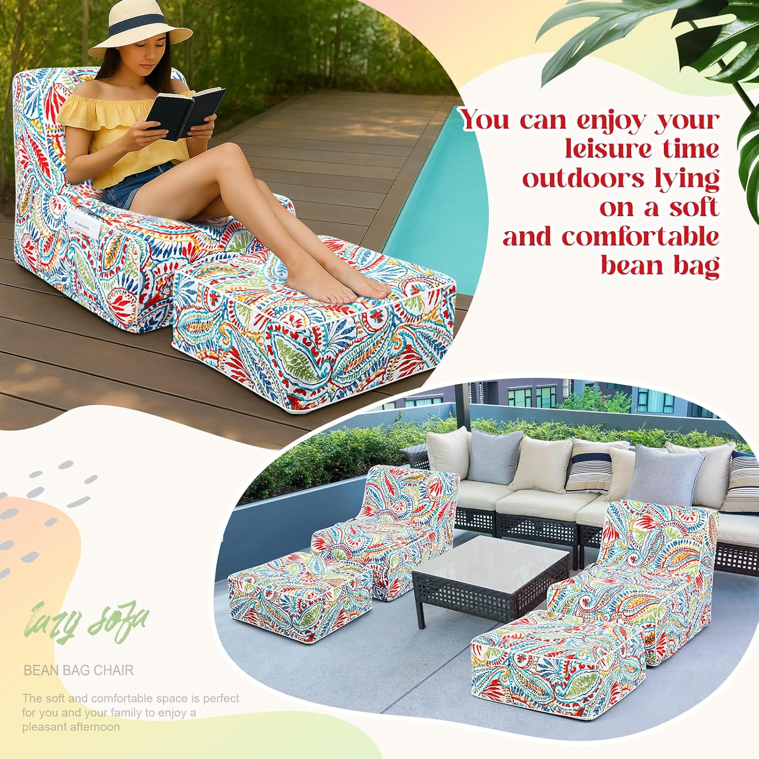 Gemscream Outdoor Inflatable Bean Bag Chair and Ottoman, Portable Inflatable Bean Bag and Ottoman with Handle for Patio Garden Home Boho Decorative Living Room (Paisley Pattern)