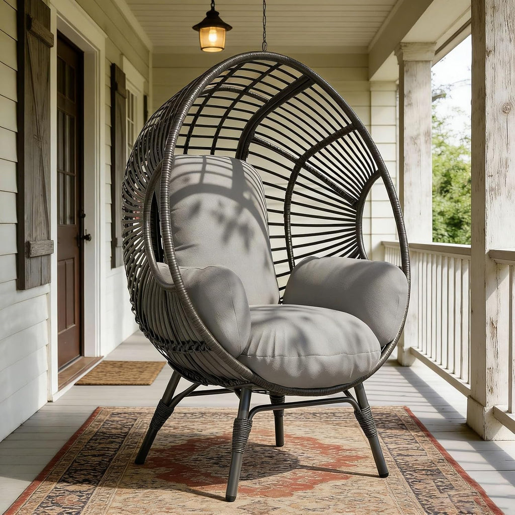Outdoor Egg Chair Wicker, Weather-Resistant PE Rattan, 400lbs Capacity, 8-Inch Cushion Balcony Chairs(Black+Gray)