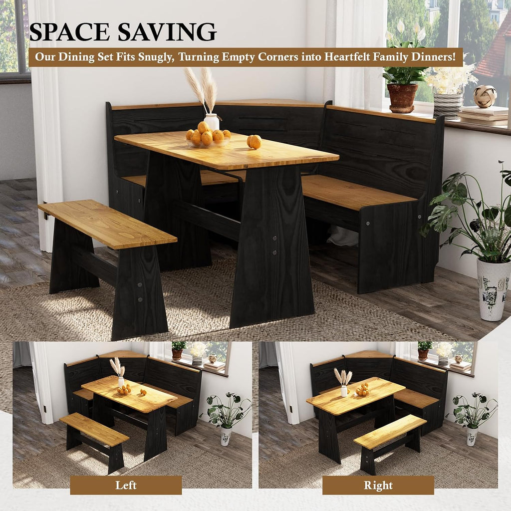 Breakfast Nook Dining Table Set – Black Corner Bench Dining Table, L Shaped Kitchen Nook Booth, Space-Saving Corner Dining Table Set for Kitchen, Apartment, Small Space