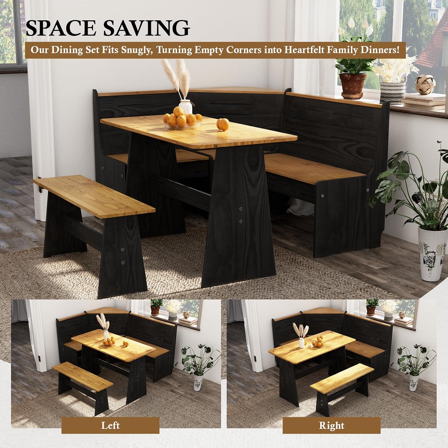 Breakfast Nook Dining Table Set – Black Corner Bench Dining Table, L Shaped Kitchen Nook Booth, Space-Saving Corner Dining Table Set for Kitchen, Apartment, Small Space