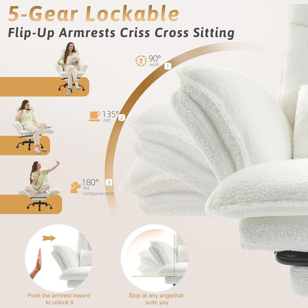 Office Chair,Big and Tall Heavy-Duty Executive Reclining Computer Gaming Chair with Footrest,Flip Armrests,Lumbar Pillow&Thicken Wider Seat for Criss Cross Legged Desk Vanity Chair,Teddy Fabric White