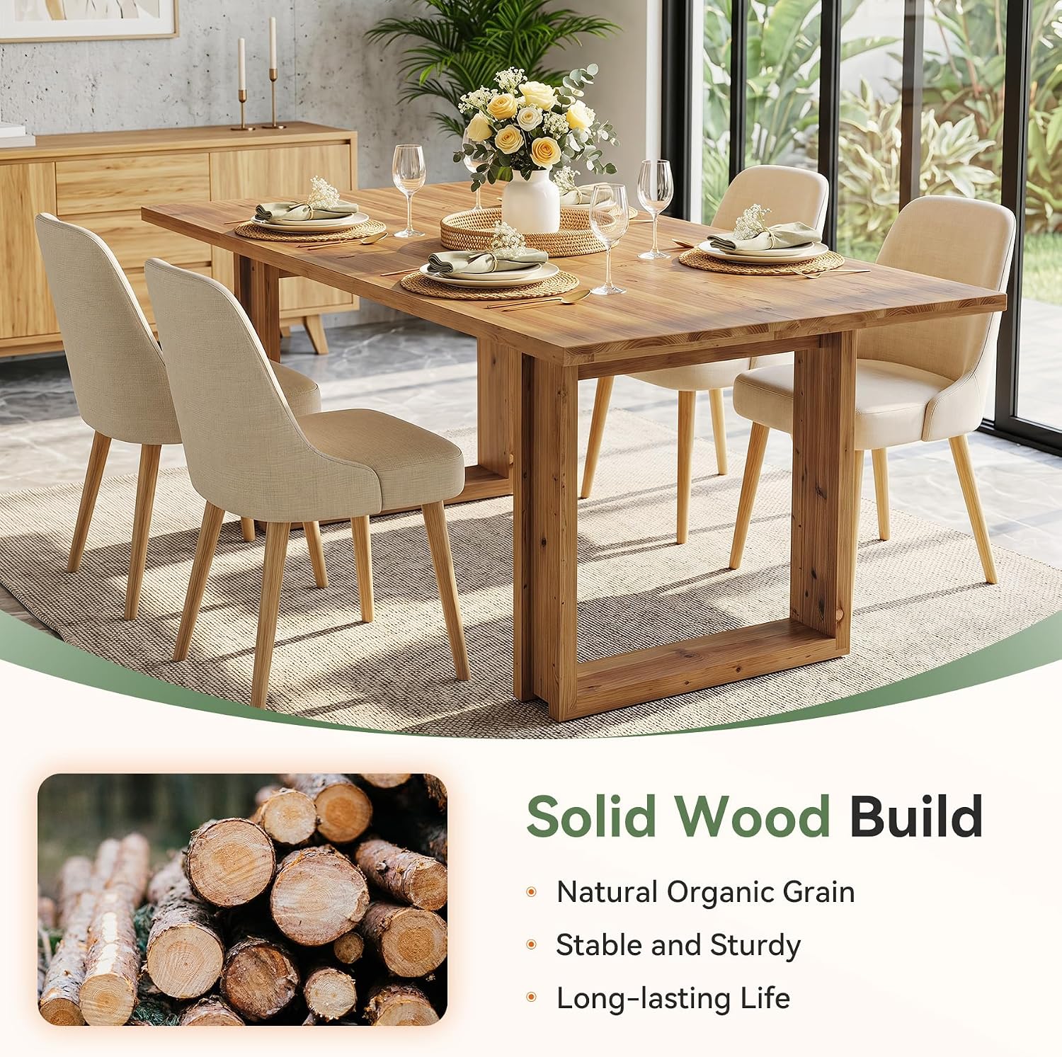 63-Inch Solid Wood Dining Table for 6, Farmhouse Kitchen Table with Heavy Duty Legs, Rectangular Wood Desk for Dining Room, Living Room, Rustic Brown