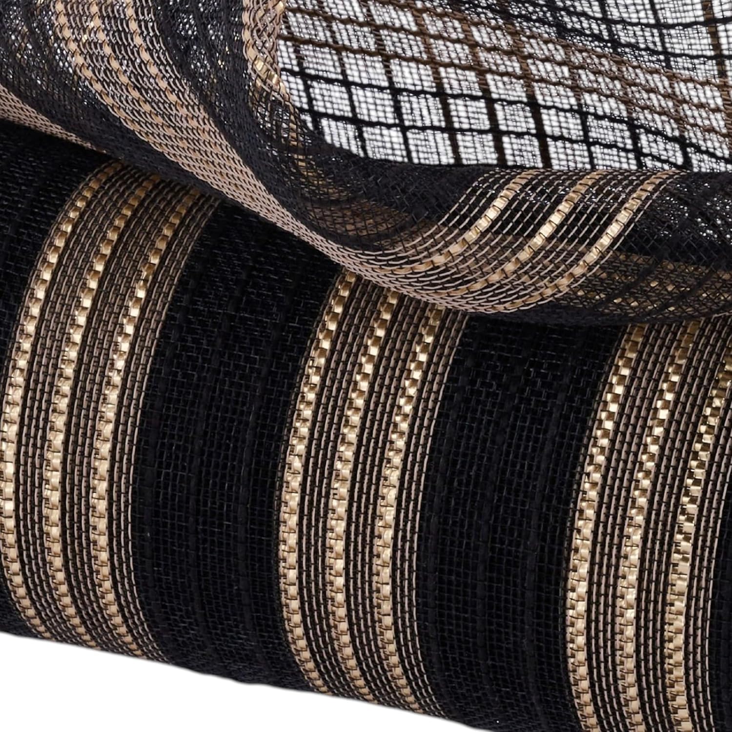 Deco Poly Mesh 10.25" Fine Weave Metallic and Jute for Wreaths, Crafts, and Holiday Decorations (Black, Gold, 10.25" x 10 Yards)