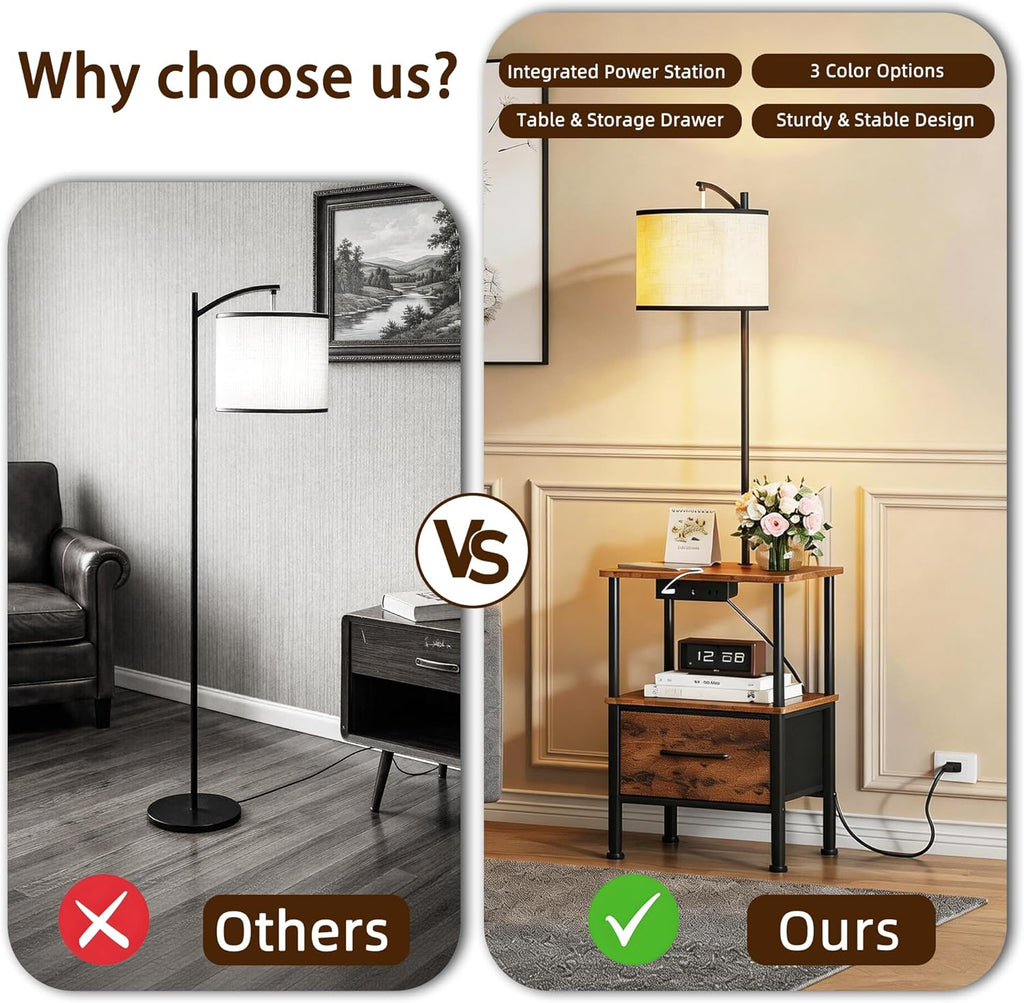 HIGDBFE End Table with Light Set of 2, Side Table with Charging Station & USB Ports, Nightstand with Fabric Drawer, Coffee Table with 3 Color Temperatures Light for Living Room, Rustic Brown, 14.9" W