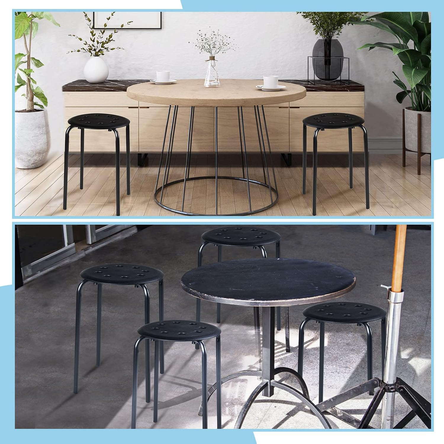 Tuanse 10 Pcs Stacking Stools Set with Metal Frame 17.72'' Portable Stackable Plastic Backless Stool with Round Top for Adult Office Home Kitchen(Black)