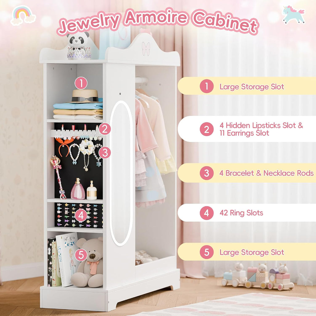 Xilingol Kids Armoire Dress Up Storage with Full-Length Mirror and Light, Kids Wardrobe Closet with Jewelry Cabinet and Storage Shelves, Open Hanging Armoire Costume Organizer for Bedroom (White)