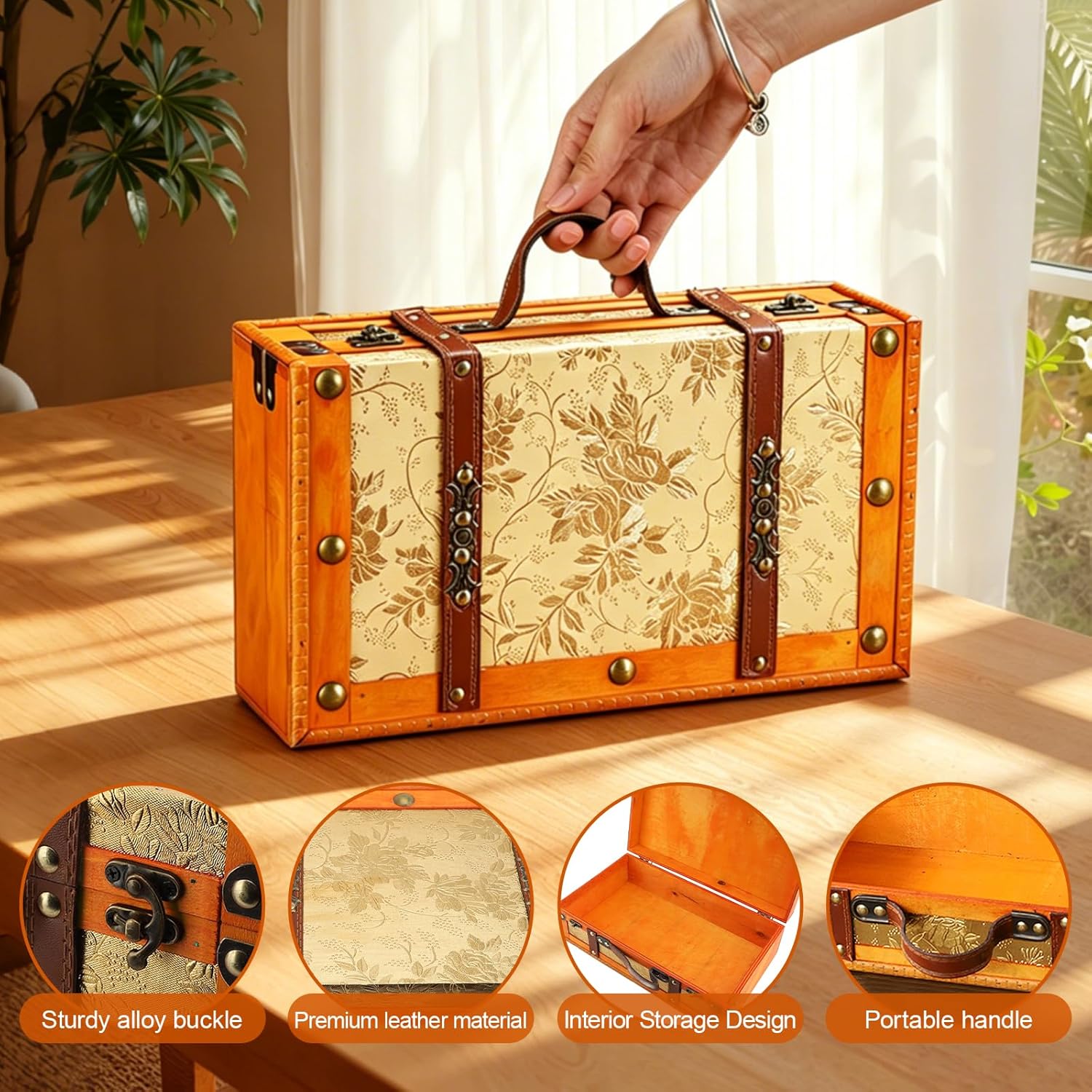 13.4in Vintage Wooden Storage Suitcase,Decorative Storage Box,Antique Treasure Chest with Leather Handle Buckle Clasp,Home Decor Luggage for Travel Party Photo Props Gift