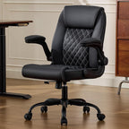 Leather Office Chair, 300lbs Heavy Duty Mid-Back Desk Chairs with Flip-up Armrests, Space-Saving Swivel Task Chair with Wheels, Adjustable Height and Ergonomic Back Support, Black