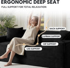 Boneless Sectional Sofa 3 Piece Set with Cup Holders & Side Pockets, Modern Corduroy Fabric Deep Seat Cloud Couch Living Room, Office, No Assembly (Black)