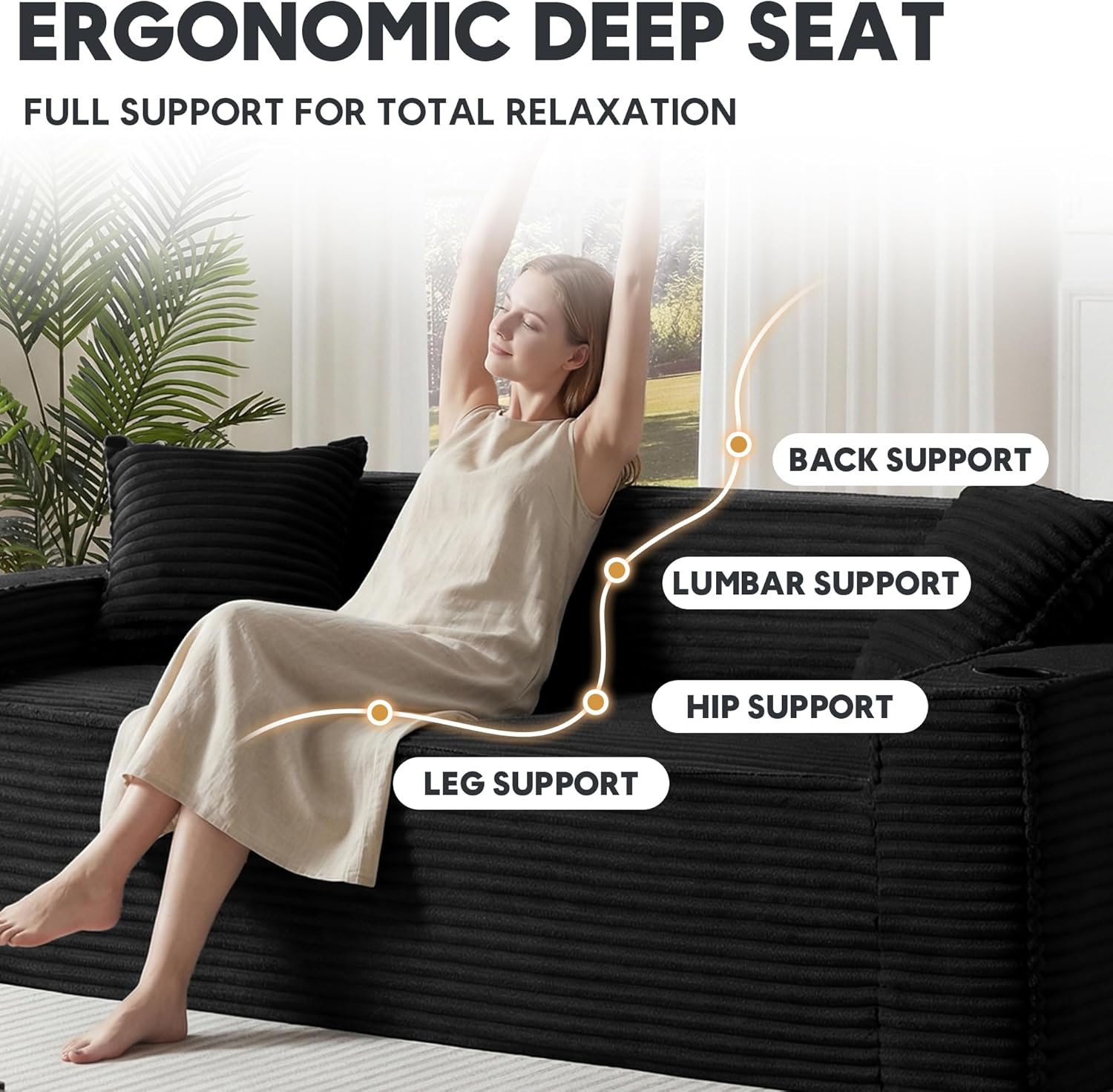 Boneless Sectional Sofa 3 Piece Set with Cup Holders & Side Pockets, Modern Corduroy Fabric Deep Seat Cloud Couch Living Room, Office, No Assembly (Black)