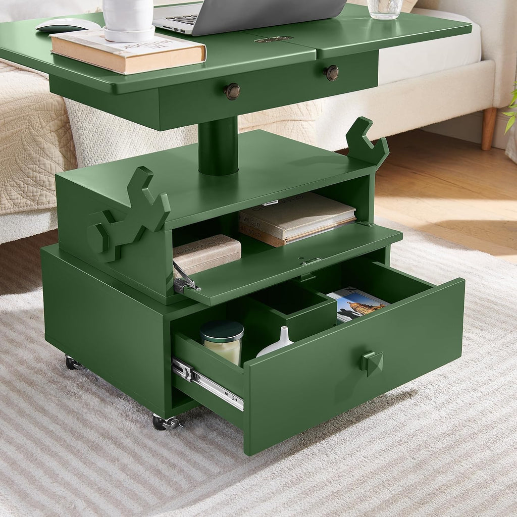 Polibi Multi-Functional Lift Top Side Table with USB Ports and AC Outlets, Height Adjustable Rolling End Table with Drawers, Flip-Top, Lockable Casters, High-Gloss for Small Spaces (Green)