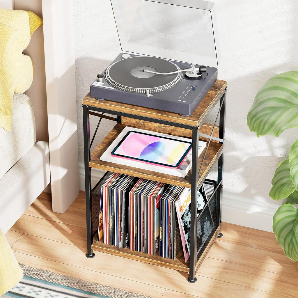 Simple Trending Record Player Stand, Turntable Stand with Vinyl Storage Holds Up to 200 Albums, Record End Table for Living Room, Rustic Brown