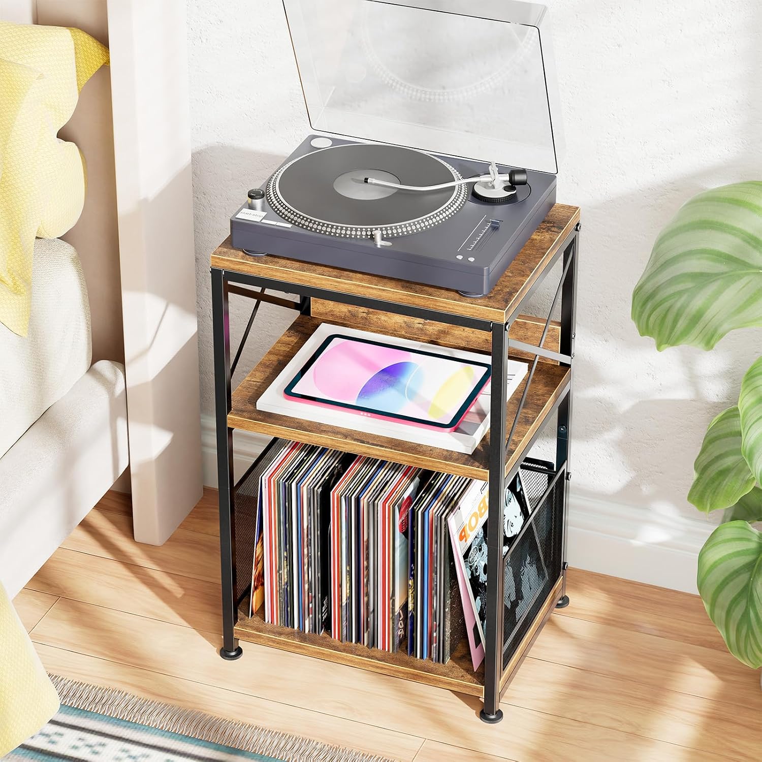 Simple Trending Record Player Stand, Turntable Stand with Vinyl Storage Holds Up to 200 Albums, Record End Table for Living Room, Rustic Brown