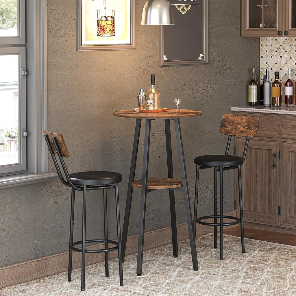 HOOBRO Bar Table, Round Pub Table, 2-Tier with Storage, 37.4" High Top for Small Spaces, with Top Particleboard for Kitchen, Easy to Assemble, Rustic Brown BF55BT01